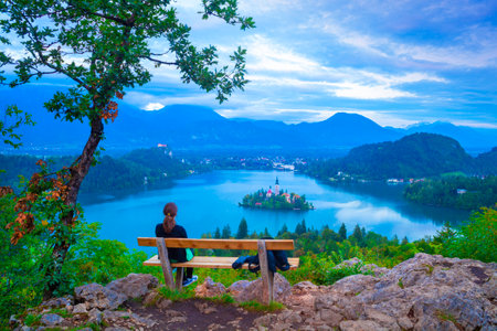 lake Bled panorama, aerial view. Sloveniaの写真素材