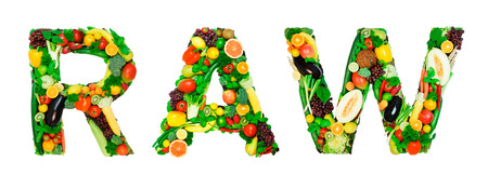 Word made from fresh vegetables a fruits isolated on white backgroundの写真素材