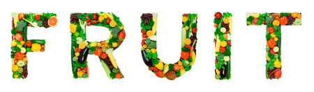 Word made from fresh vegetables a fruits isolated on white backgroundの写真素材