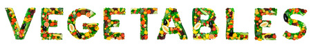 Word made from fresh vegetables a fruits isolated on white backgroundの写真素材