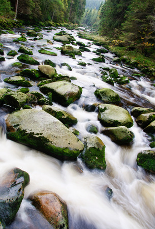Mountain river waterfall between stones and autumn vegetation.の写真素材