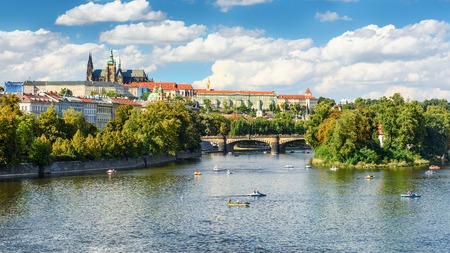 Aerial view over river in Prague, Czech Republicの写真素材