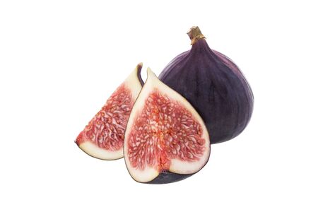 Isolated figs. Ripe juicy raw fig fruit and cut slice and half with pulp and seeds isolated on white backgroundの写真素材