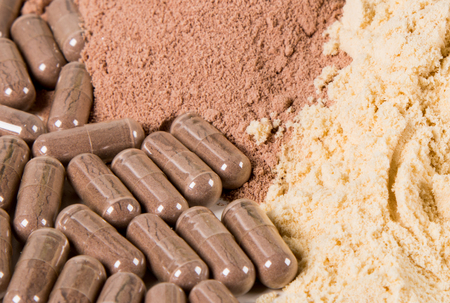 Close up of a protein gainer powder and Scoopsの写真素材