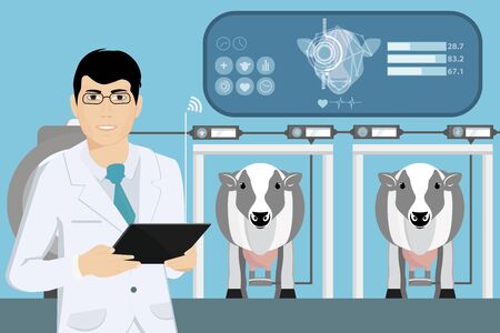 Mechanism of milking cows. Milk quality control on a dairy farm. Internet of things technology in agriculture. Introduction of innovative technologies in work. vector illustrationのイラスト素材