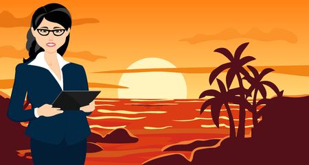 Girl in office clothes with a tablet and 5g Internet on the background of the sea with sunset. Vector illustration.のイラスト素材