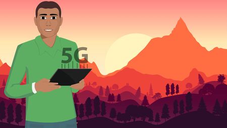 Black African American with tablet and 5g Internet on sea background with sunset. Vector illustration.のイラスト素材