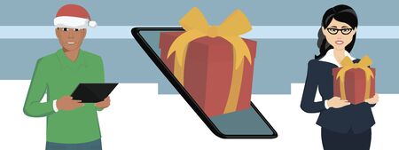 A man orders a gift to a girl over the Internet. The concept of an online store. Gift your beloved woman for the new year. Delivery of goods via the Internet.のイラスト素材