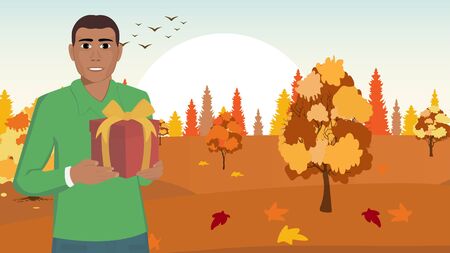 Black African American with Christmas gift in box on autumn landscape background . Vector illustrationのイラスト素材