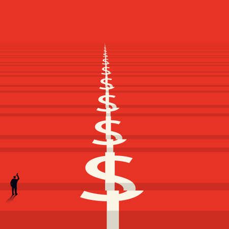 dollar sign going into the abyss, business ideas, a person looking into the distance with binoculars, minimalistic style. Vector illustration.のイラスト素材