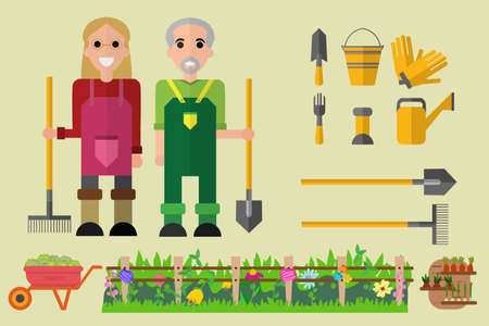 Gardening and harvesting. Happy man and woman gardening cart with cabbage, cow, dung, rural landscape fence with flowers, garden work tools isolated. Setのイラスト素材