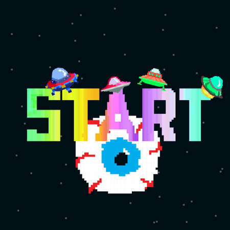 Retro video game, screen, arcade space warships, shooting, background map, vector graphic design illustration. 16 bit, 8 bit. Space place. Battles under the stars. Old computer games.のイラスト素材