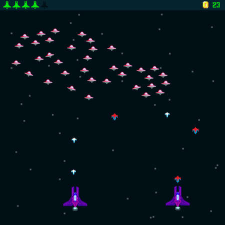 Retro video game, screen, arcade space warships, shooting, background map, vector graphic design illustration. 16 bit, 8 bit. Space place. Battles under the stars. Old computer games.のイラスト素材