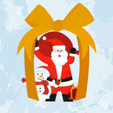 Christmas gift, new year card, Santa Claus and snowman give gifts. Vector.のイラスト素材