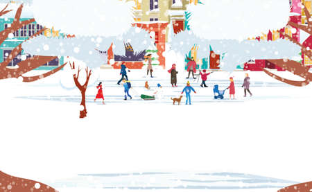 City landscape on a winter day. People on the street. Vectorのイラスト素材