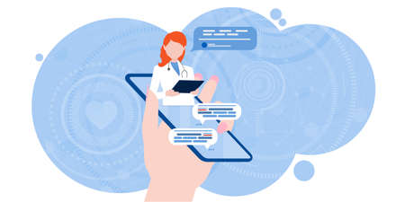 Online chat with a doctor. Smartphone screen with a therapist chatting in the messenger and online consultation. flat design. The question is the answer from the doctor. Online medical consultationsのイラスト素材