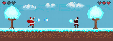 Computer pixel game interface, Santa Claus character, Pixel winter with snow. vectorのイラスト素材