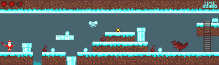 Computer pixel game interface, Santa Claus character, Pixel winter with snow. vectorのイラスト素材