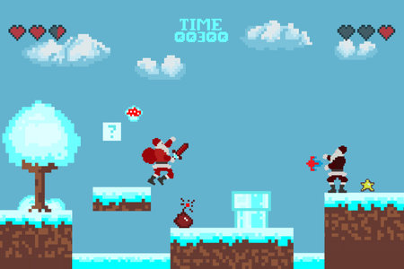 Computer pixel game interface, Santa Claus character, Pixel winter with snow. vectorのイラスト素材