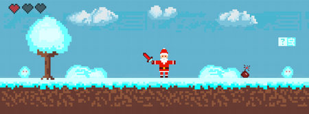 Computer pixel game interface, Santa Claus character, Pixel winter with snow. vectorのイラスト素材