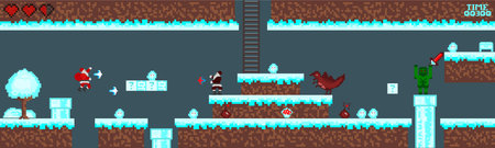 Computer pixel game interface, Santa Claus character, Pixel winter with snow. vectorのイラスト素材