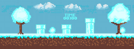 Computer pixel game interface, Santa Claus character, Pixel winter with snow. vectorのイラスト素材