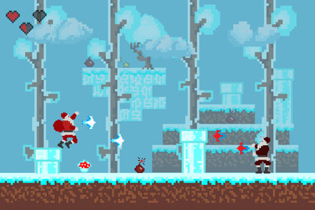 Computer pixel game interface, Santa Claus character, Pixel winter with snow. vectorのイラスト素材