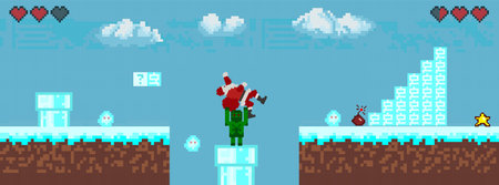 Computer pixel game interface, Santa Claus character, Pixel winter with snow. vectorのイラスト素材