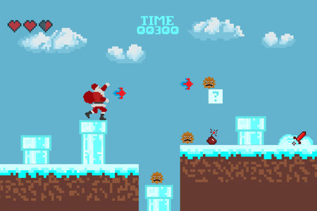 Computer pixel game interface, Santa Claus character, Pixel winter with snow. vectorのイラスト素材