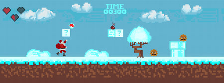 Computer pixel game interface, Santa Claus character, Pixel winter with snow. vectorのイラスト素材