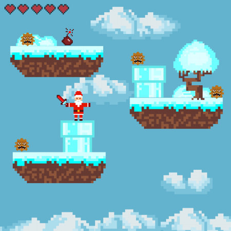 Computer pixel game interface, Santa Claus character, Pixel winter with snow. vectorのイラスト素材