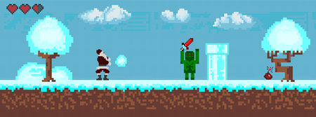 Computer pixel game interface, Santa Claus character, Pixel winter with snow. vectorのイラスト素材