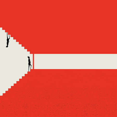 The girl walks up the stairs to the closed door. finding a way to solve the problem help, business concept in minimalist style, symbol of opportunity, leadership. Vectorのイラスト素材