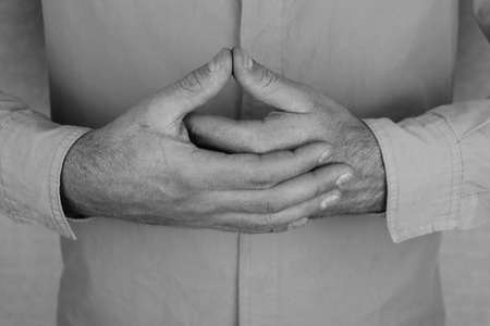 Dhyana mudra. Yogic hand gesture. Hand spirituality hindu yoga of fingers gesture.の写真素材