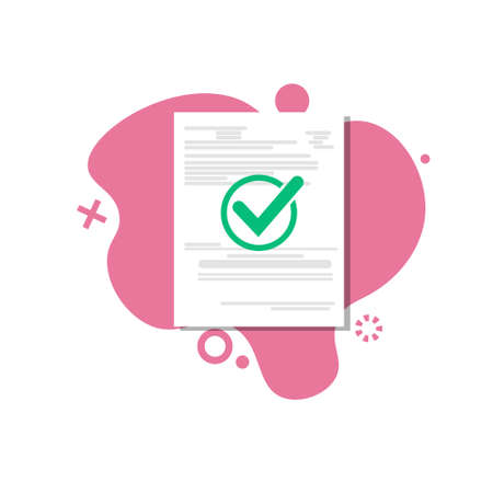 Paper document with checkmark icon, evaluation of test results, educational test idea, questionnaire, check mark on a piece of paper as a successful contract or agreement, flat styleのイラスト素材