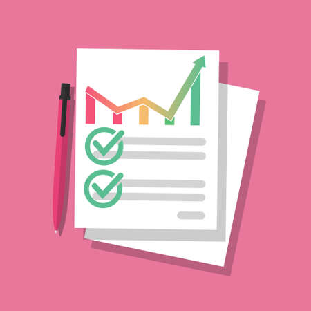 Audit report or study of sales or business data. Businessman s desk. Profit concept, paper sheets with graphics.のイラスト素材