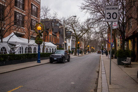 Christmas time city streets, New year decoration, pine trees, garlands in downtown, Torontoのeditorial素材