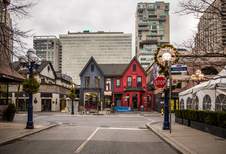 Christmas time city streets, New year decoration, pine trees, garlands in downtown, Torontoのeditorial素材
