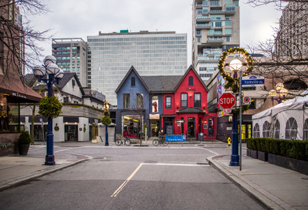 Christmas time city streets, New year decoration, pine trees, garlands in downtown, Torontoのeditorial素材