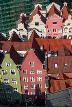 Gdansk, Poland Historical brick colorful building, red roofs and Baltic sea canal. Sunny day, spring time. Aerial view.の写真素材