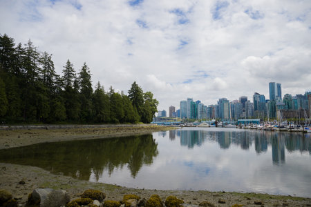 Summer trip across America - Stanley Park waterfront, downtown Vancouver, harbor with yachts and...