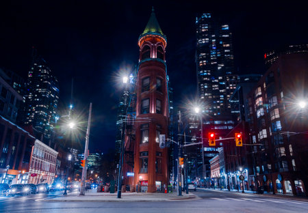 A magical evening in the financial district of downtown Toronto - evening sky, lights on buildings,...