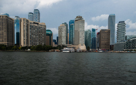 View of city skyline from lake.の写真素材