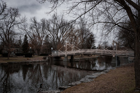 Bridge over the river in the park with bare trees and cloudy skyの写真素材