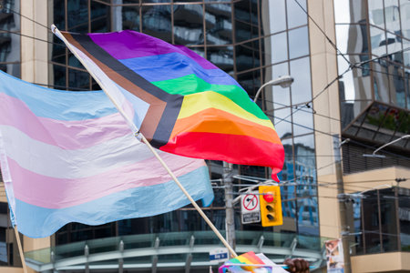 Rainbow flags at the annual gay parade in  Canadaの写真素材