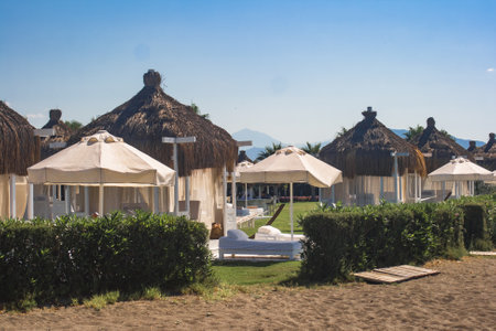charming coastal garden gazebo adorned with  white accents bathed in the midday sun the inviting outdoor space invites relaxation with its serene ambianceの写真素材