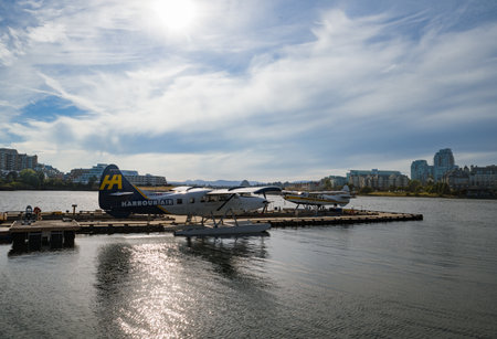 Seaplane terminal in Victoria - waterfront area with docks and seaplanes.の写真素材