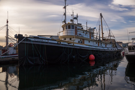 Fishing boats moored in the harbor of Victoria, BC, Canada
Fishing industry transport.  Fishing pots, ropes, and maritime gear lined up beside. Day time, summerの写真素材