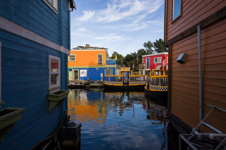 Colorful water taxis docked at Fisherman's Wharf, Victoria. Brightly colored floating buildings, The taxis are black and yellow.の写真素材