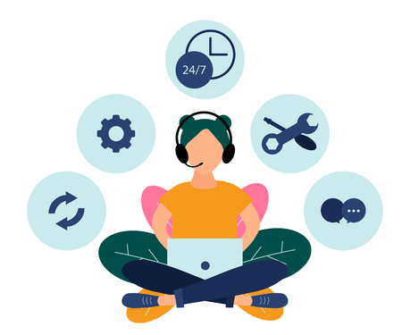 Vector illustration., female hotline operator, online technical support, virtual helpのイラスト素材